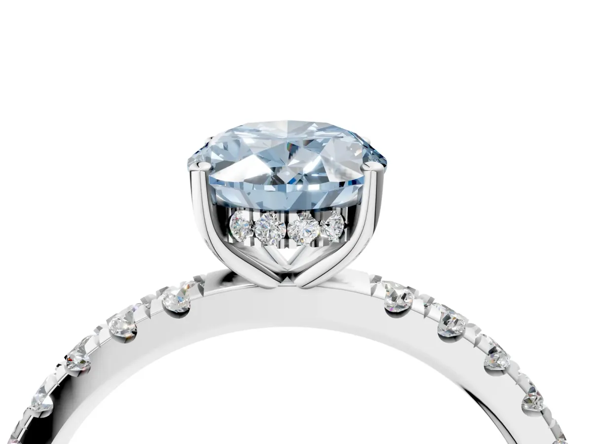 Fancy Blue Oval Cut Diamond Pave Band Solitaire Ring with Round and Prong Setting Platinum