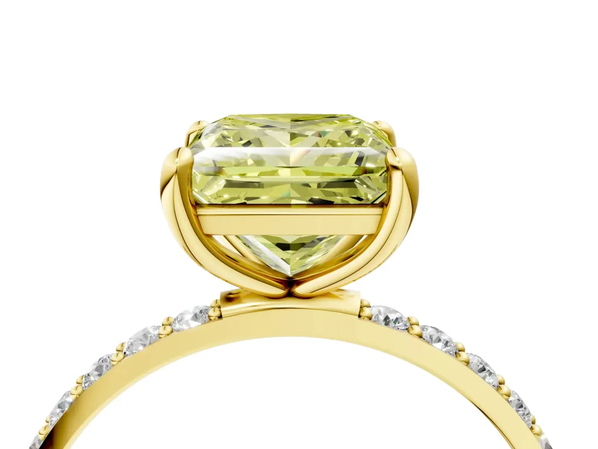 Fancy Yellow Princess Cut Diamond Solitaire Ring with Round Pavé Band and Prong Setting Yellow gold