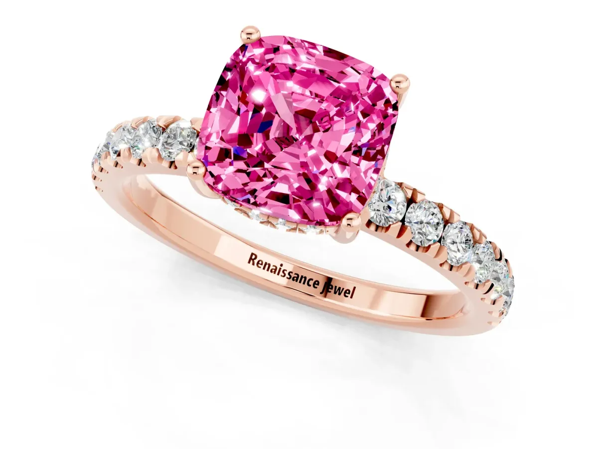 Cushion Cut Pink Sapphire Pave Band Solitaire Ring with Round and Prong Setting Rose gold
