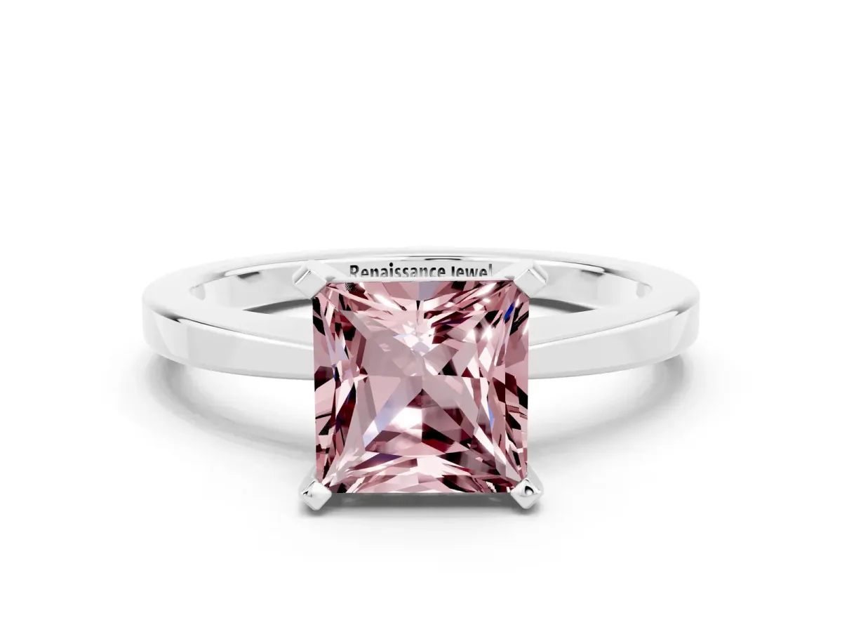 Princess Cut Morganite Solitaire Engagement Ring with Classic Band and Four-Prong Setting Platinum