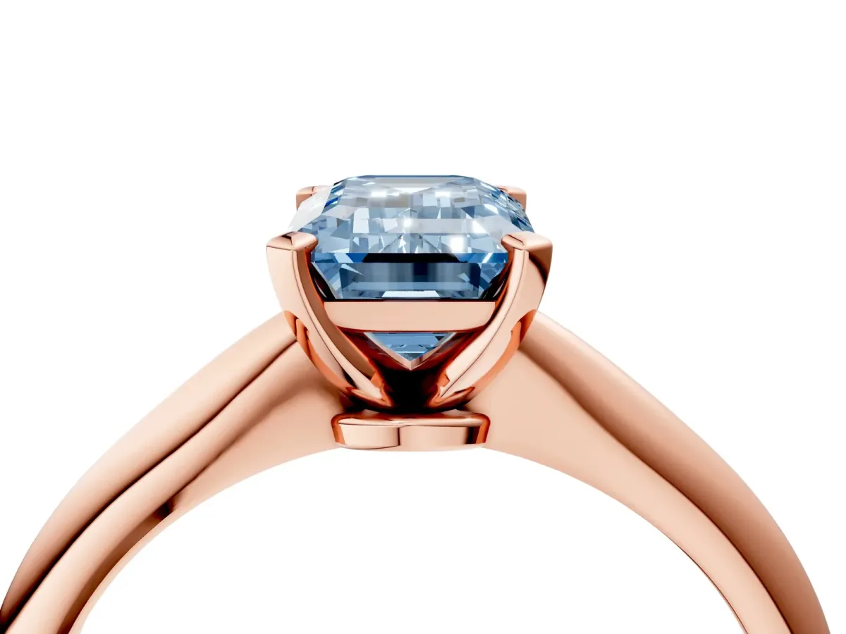 Fancy Blue Emerald Cut Diamond Solitaire Engagement Ring with Classic Band and Four-Prong Setting Rose gold