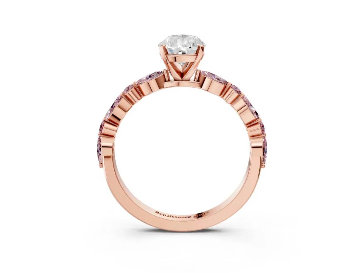 Pear Cut Diamond Ring with Marquise and Round Morganite Side Stones and Four-Prong Setting Rose gold