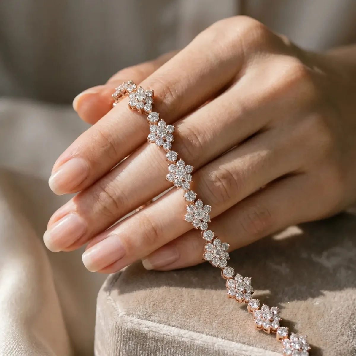 Round Diamond Floral Cluster Tennis Bracelet with Prong Setting Rose gold