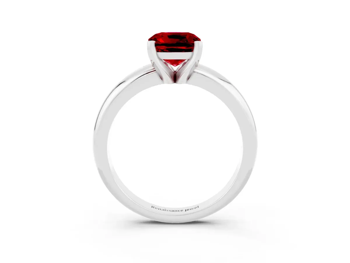 Cushion Cut Ruby Solitaire Engagement Ring with Round Band and Four-Prong Setting Platinum