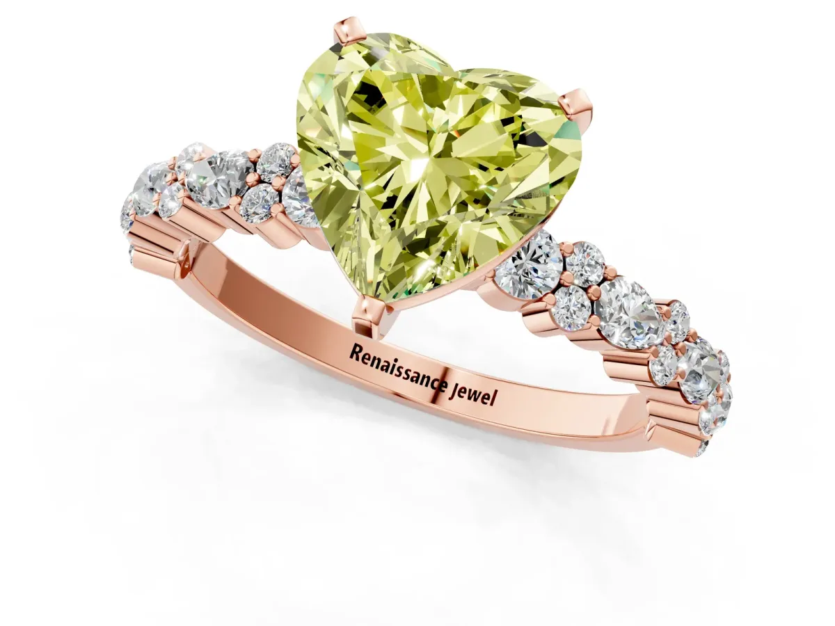 Fancy Yellow Heart Cut Diamond Side Stone Solitaire Ring with Round and Four-Prong Setting Rose gold