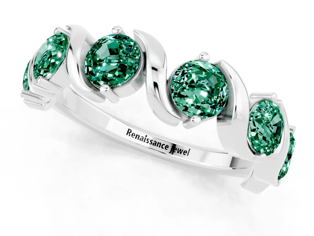 Round Green Sapphire Half Eternity Band with Wave Prong Setting Platinum