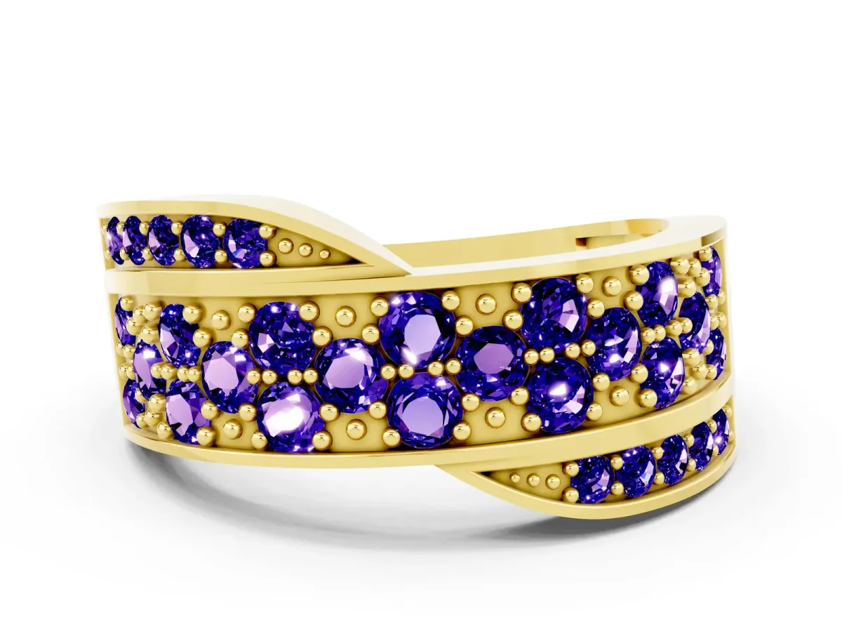 Pavé Round Tanzanite Crossover Band with Bead Prong Setting Yellow gold