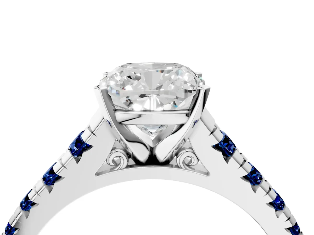 Cushion Cut Diamond Cathedral Solitaire Ring with Round Blue Sapphire Pavé Band Platinum