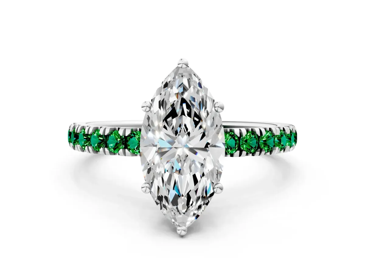 Marquise Cut Diamond Pave Band Solitaire Ring with Round Emerald and Prong Setting Platinum