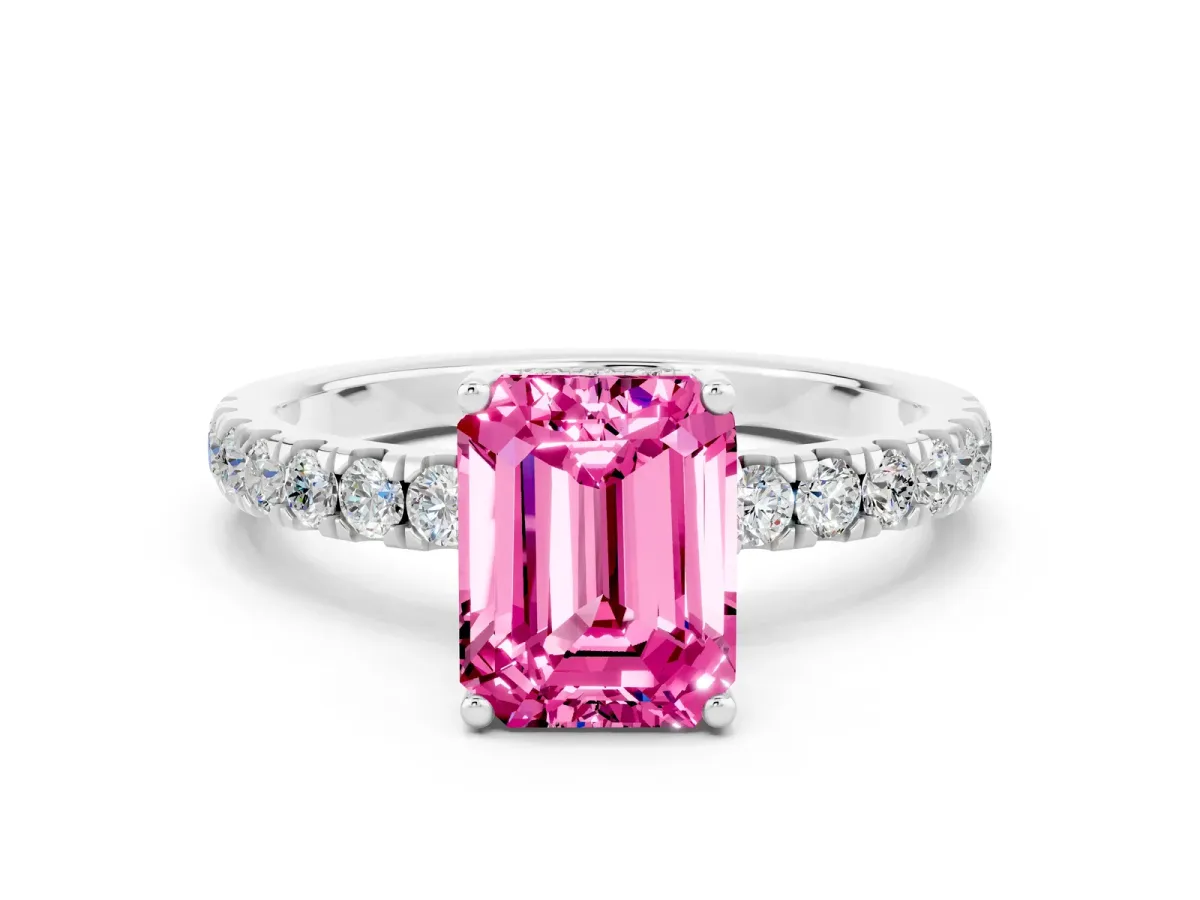 Emerald Cut Pink Sapphire Pave Band Solitaire Ring with Round and Prong Setting Silver