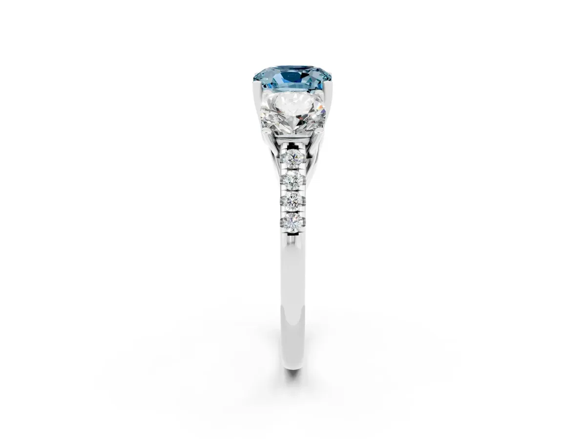 Three-Stone Cushion Cut Aquamarine Ring with Round Pavé Band and Prong Setting White gold