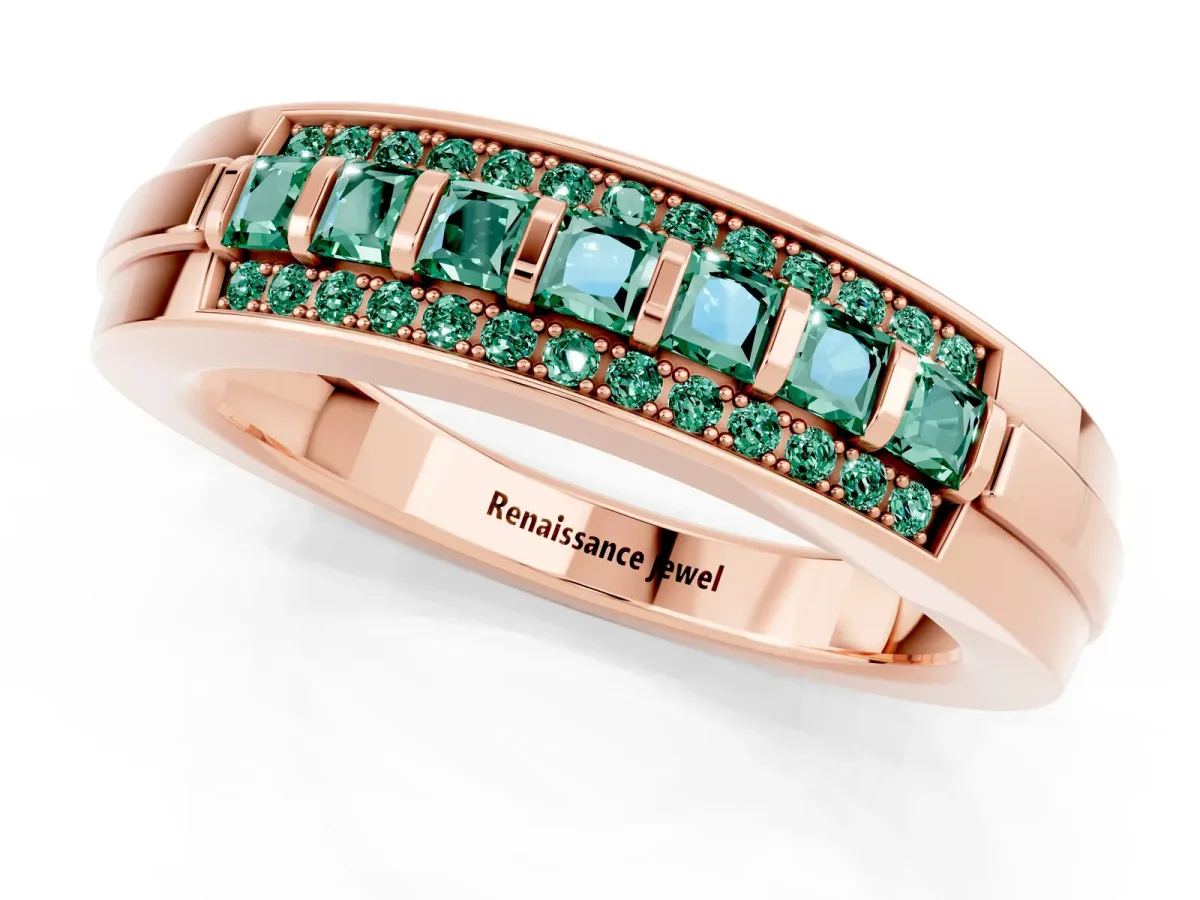 Bar-Set Princess Cut Green Sapphire Pavé Band Rose gold