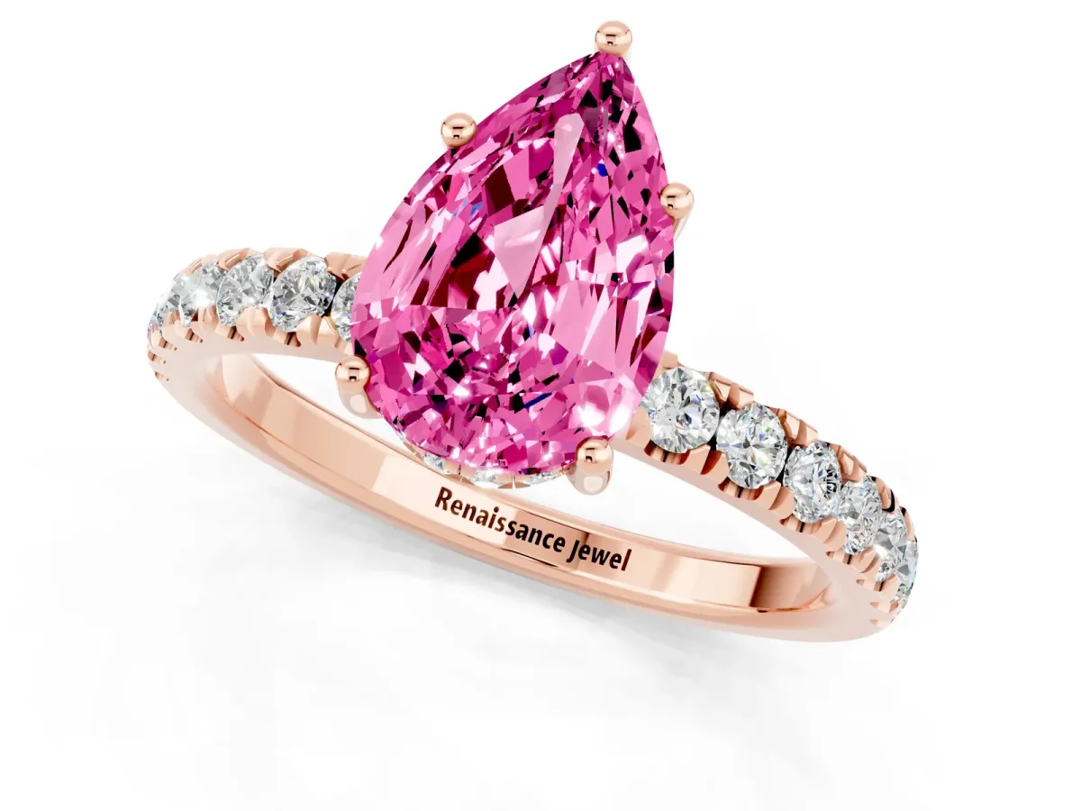 Pear Cut Pink Sapphire Pave Band Solitaire Ring with Round and Prong Setting Rose gold