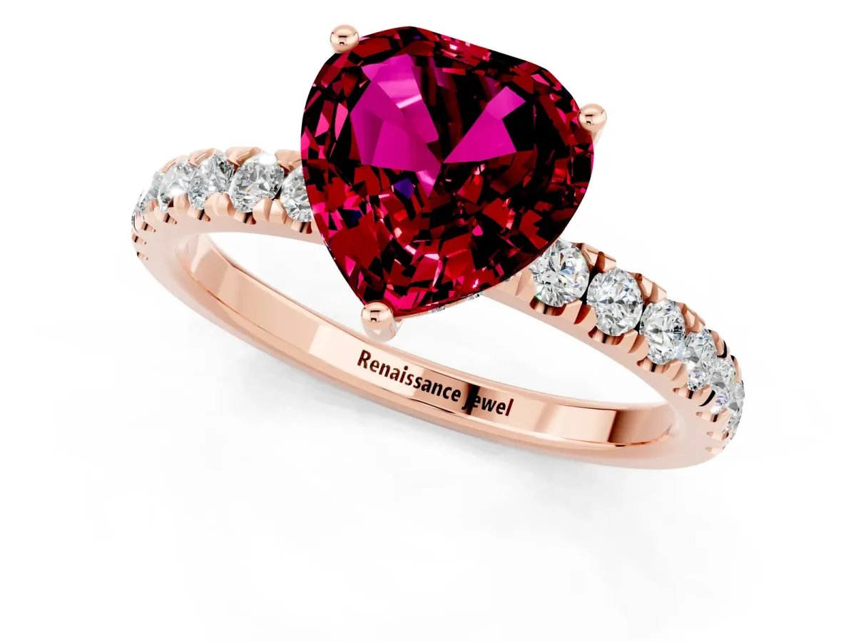 Heart Cut Garnet Pave Band Solitaire Ring with Round and Prong Setting Rose gold