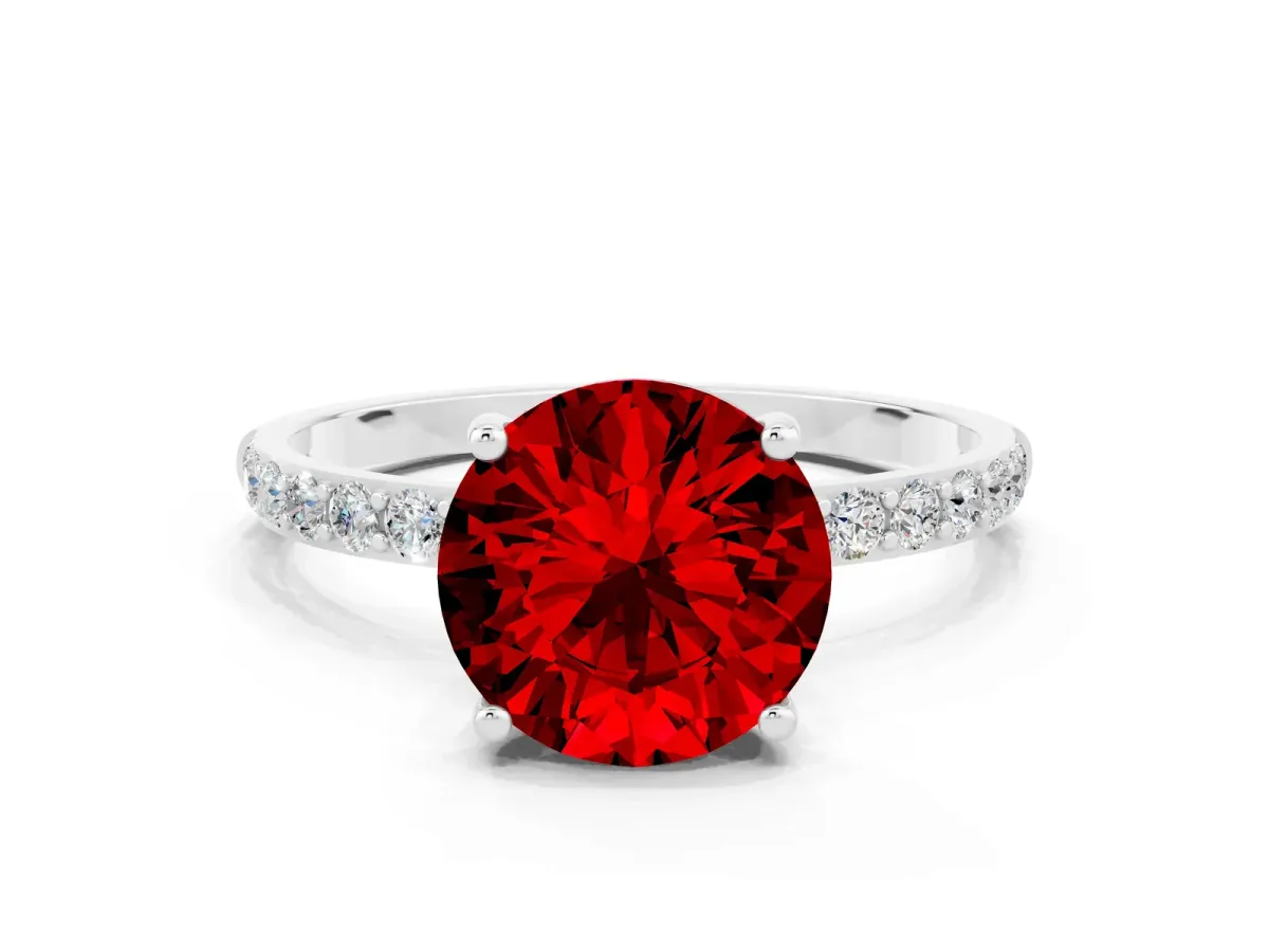 Round Cut Ruby Solitaire Ring with Round Pavé Band and Prong Setting White gold