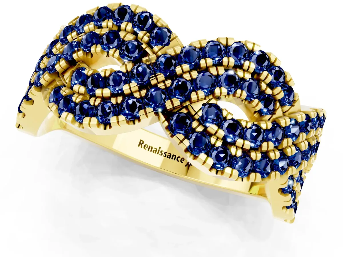 Pavé Round Blue Sapphire Infinity Twist Band with Shared Prong Setting Yellow gold