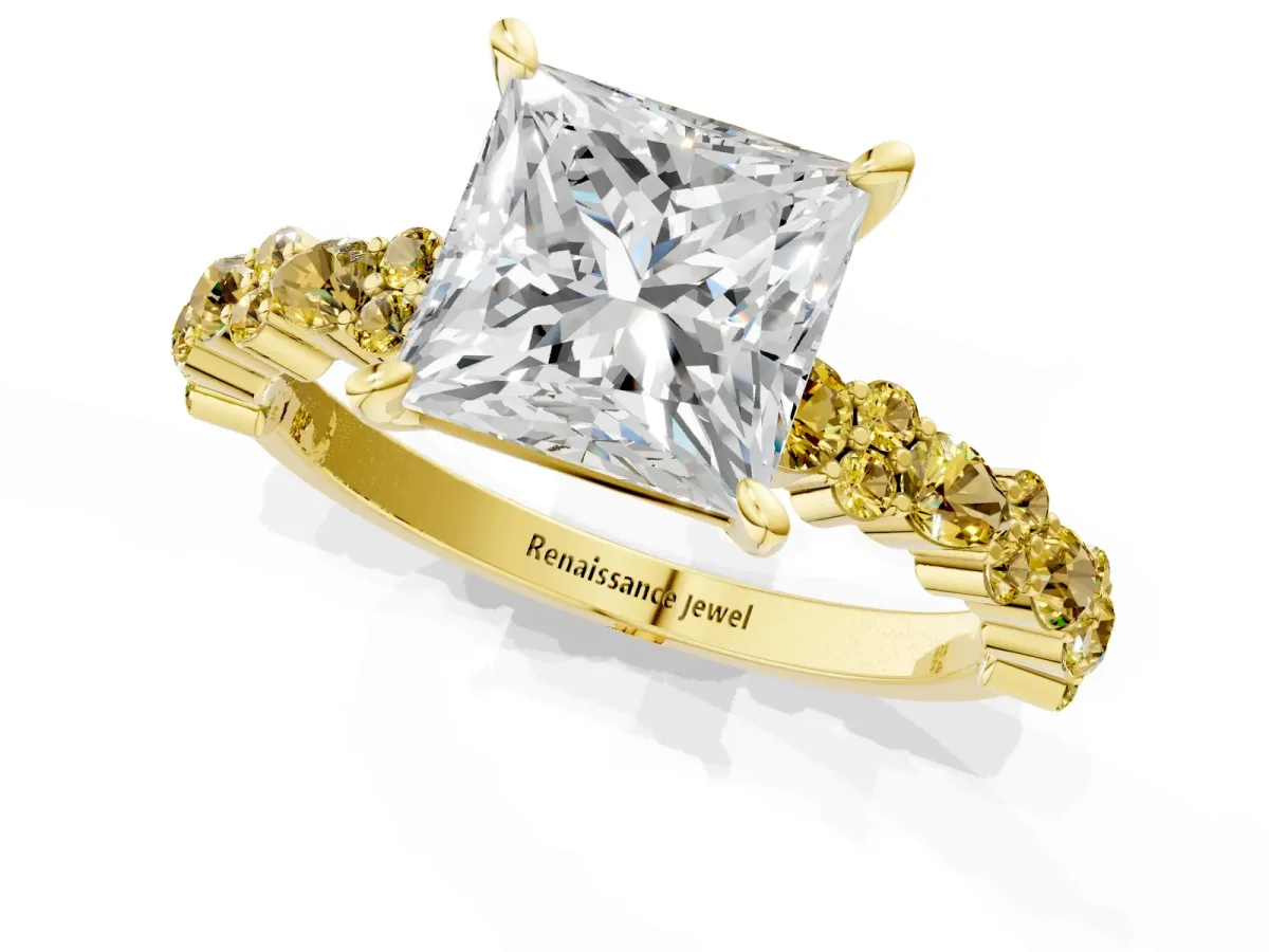 Princess Cut Diamond Side Stone Solitaire Ring with Round Yellow Sapphire and Four-Prong Setting Yellow gold
