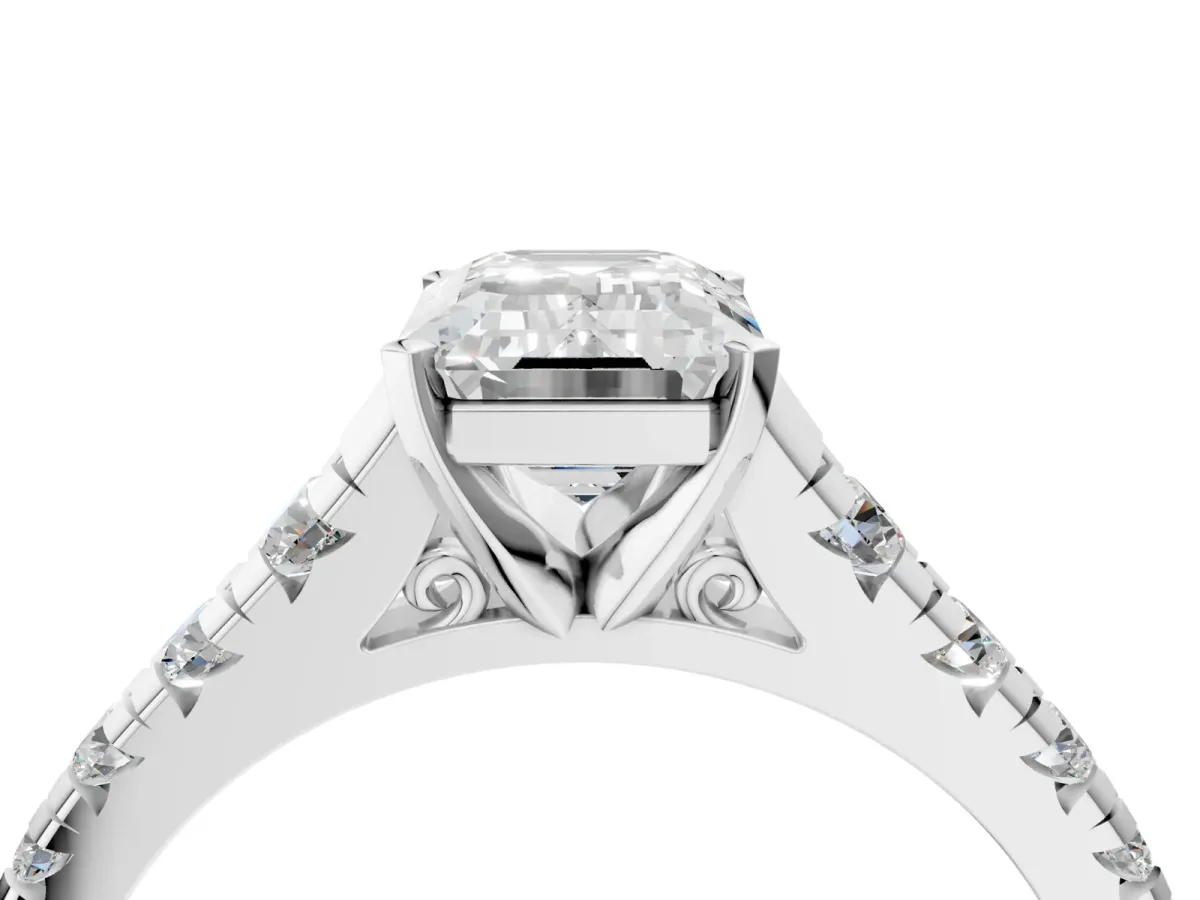Emerald Cut Diamond Cathedral Solitaire Ring with Round Pavé Band Silver