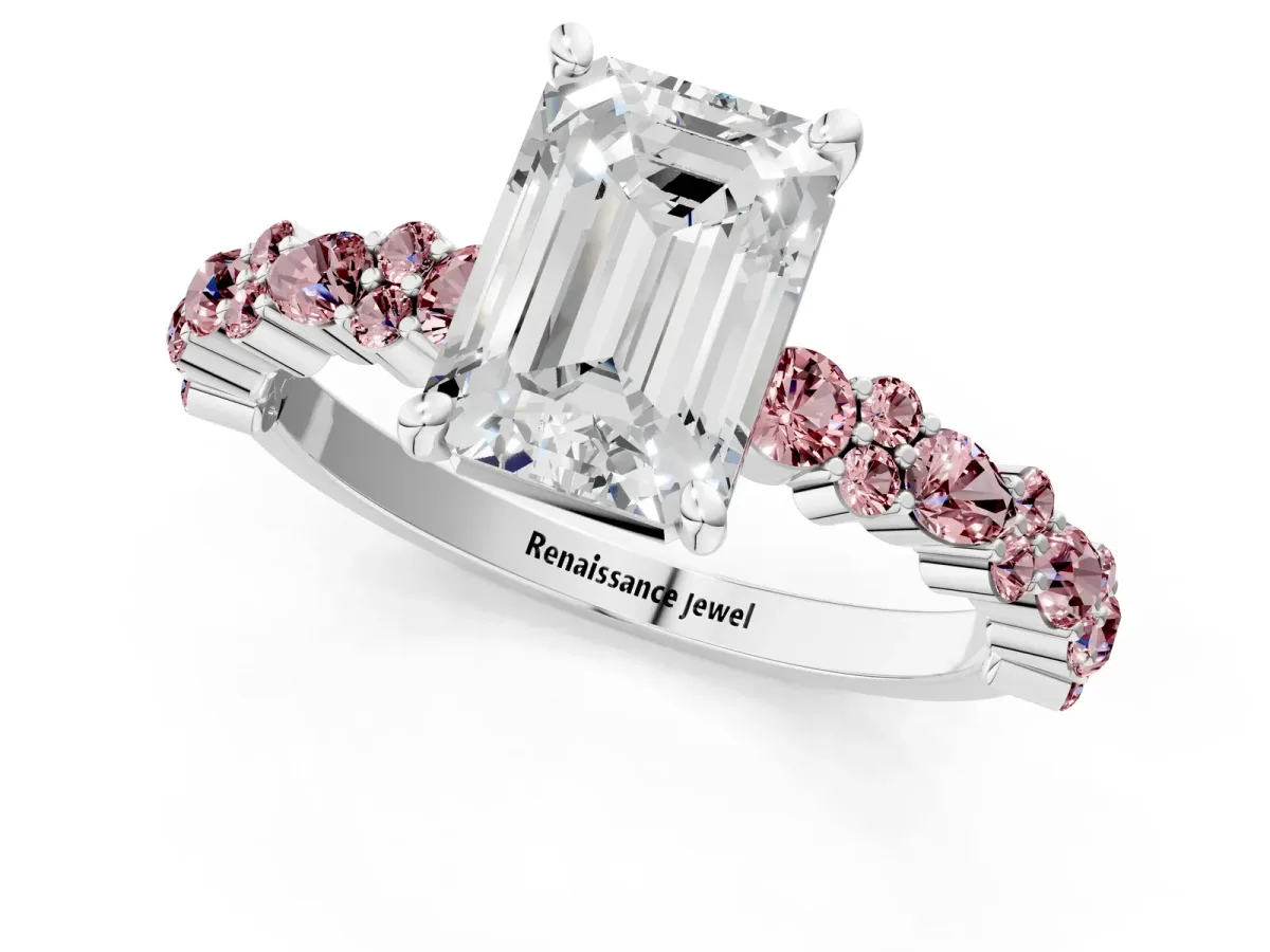 Emerald Cut Diamond Side Stone Solitaire Ring with Round Morganite and Four-Prong Setting Silver