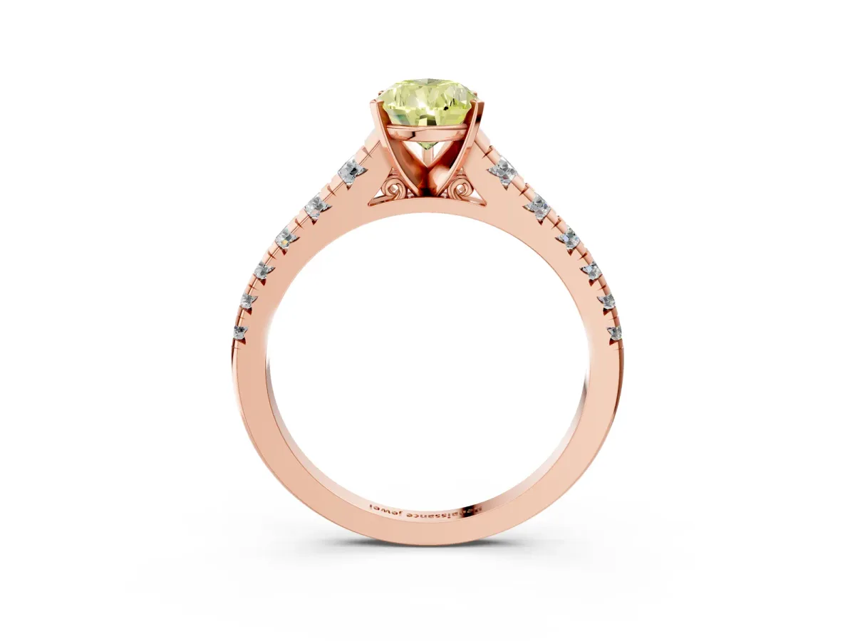 Fancy Yellow Pear Cut Diamond Cathedral Solitaire Ring with Round Pavé Band Rose gold