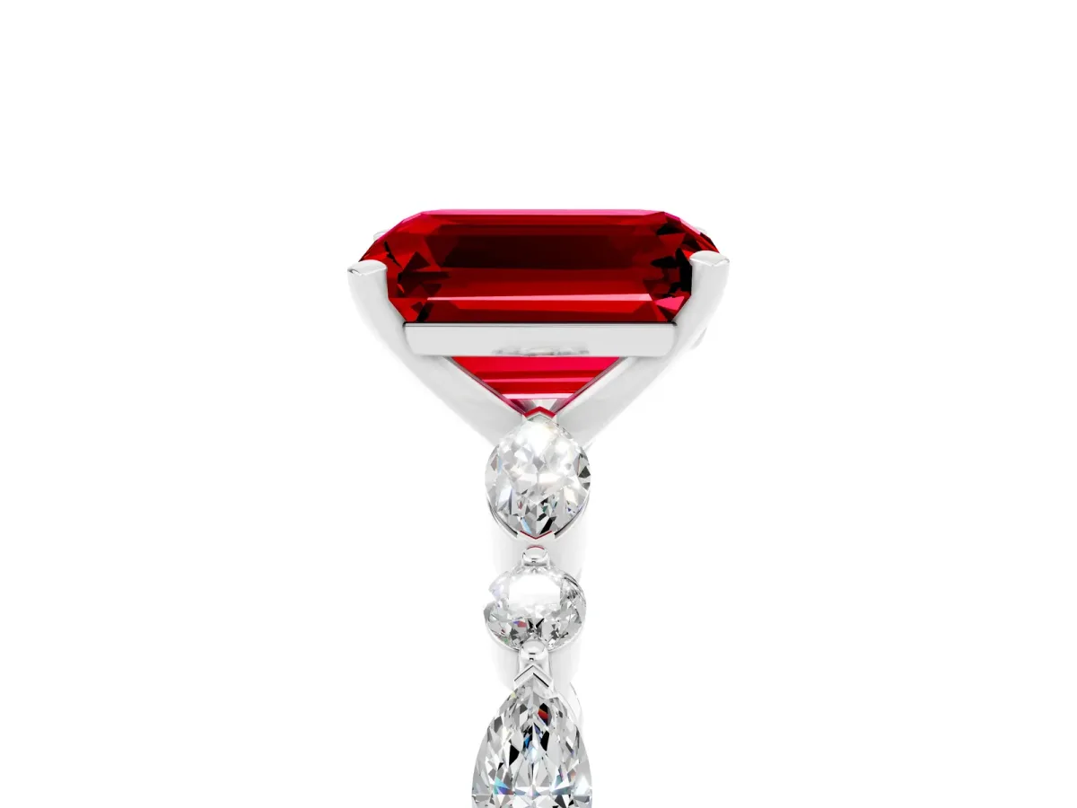 Emerald Cut Ruby Ring with Marquise and Round Side Stones and Four-Prong Setting Silver