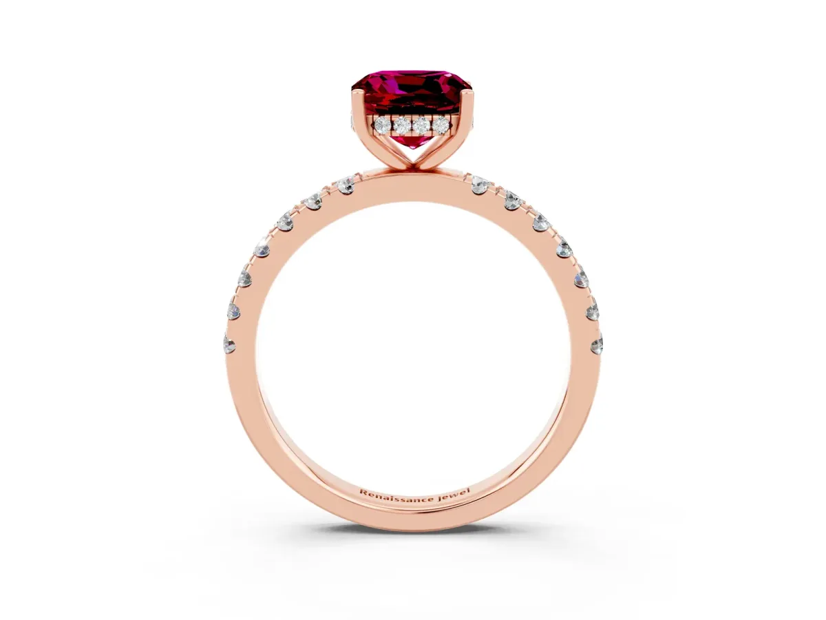 Cushion Cut Garnet Pave Band Solitaire Ring with Round and Prong Setting Rose gold