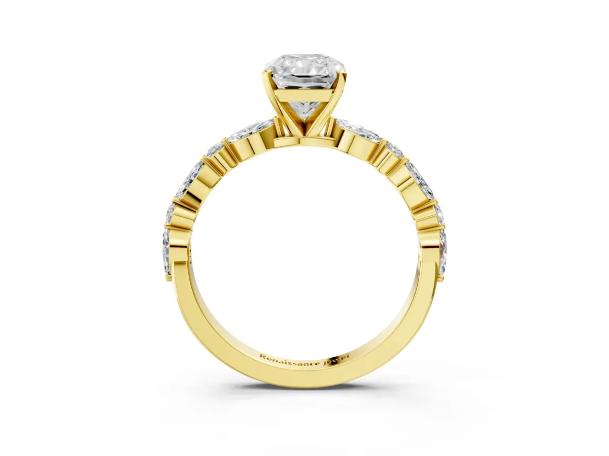 Radiant Cut Diamond Ring with Marquise and Round Side Stones and Four-Prong Setting Yellow gold