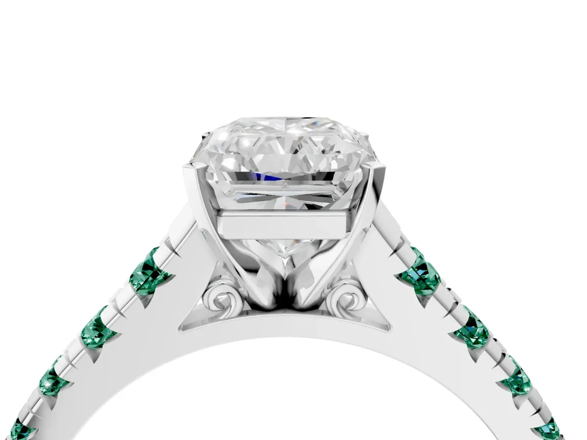 Radiant Cut Diamond Cathedral Solitaire Ring with Round Green Sapphire Pavé Band Silver
