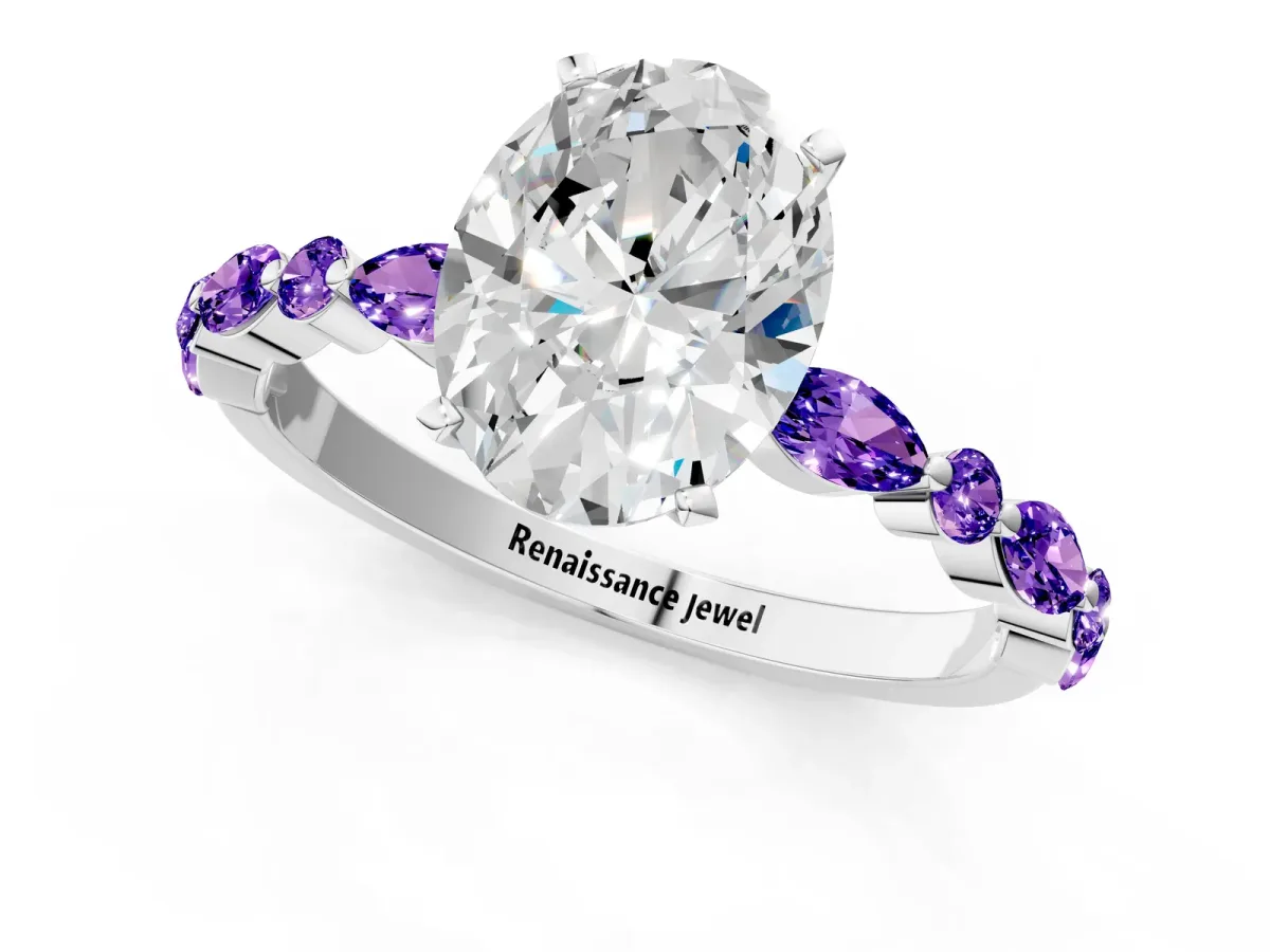 Oval Cut Diamond Ring with Marquise and Round Tanzanite Side Stones and Four-Prong Setting Silver