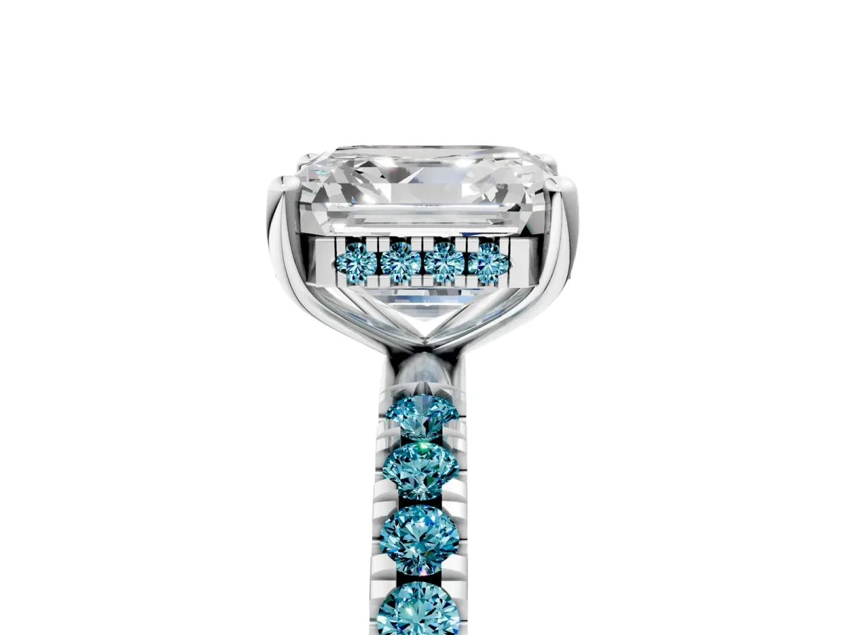 Asscher Cut Diamond Pave Band Solitaire Ring with Round Blue Topaz and Prong Setting Platinum