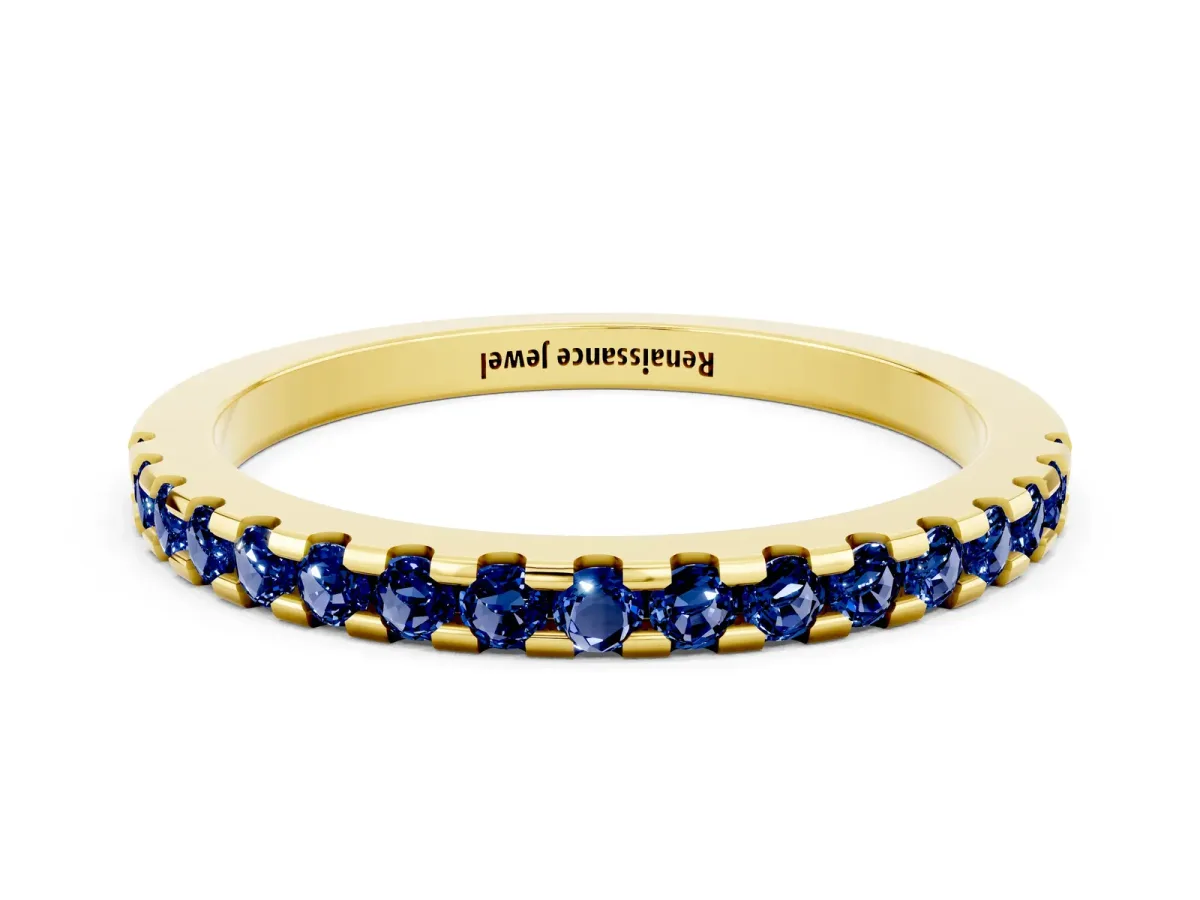 Round Blue Sapphire Pavé Set Eternity Band with Micro Prong Setting Yellow gold