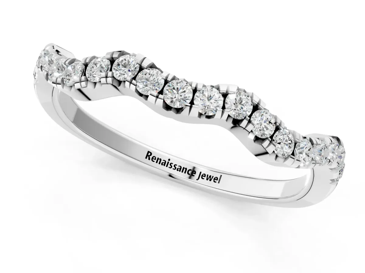 Round Diamond Scalloped Pavé Wedding Band with Shared Prong Setting White gold