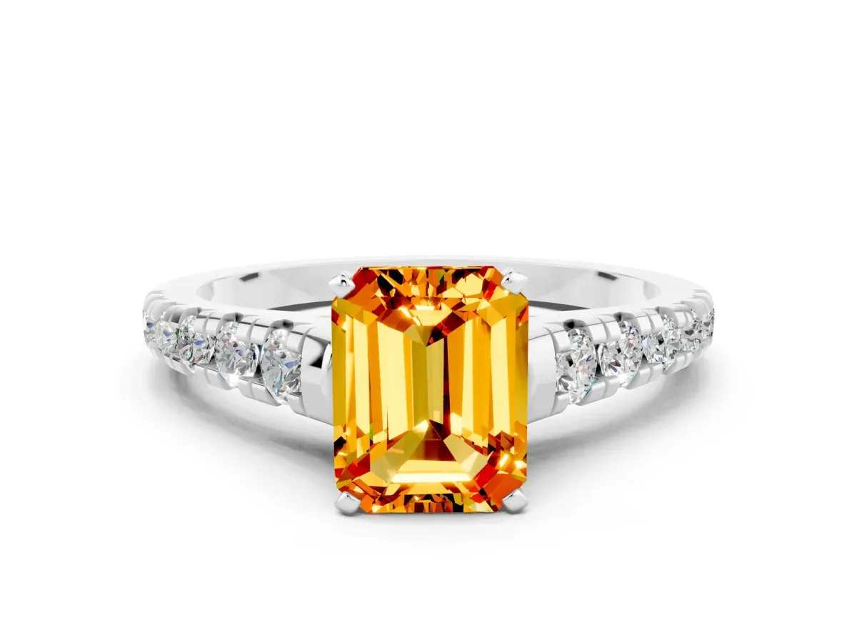 Emerald Cut Citrine Cathedral Solitaire Ring with Round Pavé Band White gold