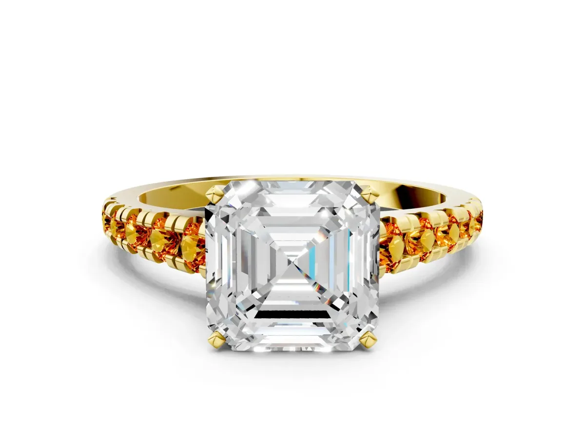 Asscher Cut Diamond Cathedral Solitaire Ring with Round Citrine Pavé Band Yellow gold