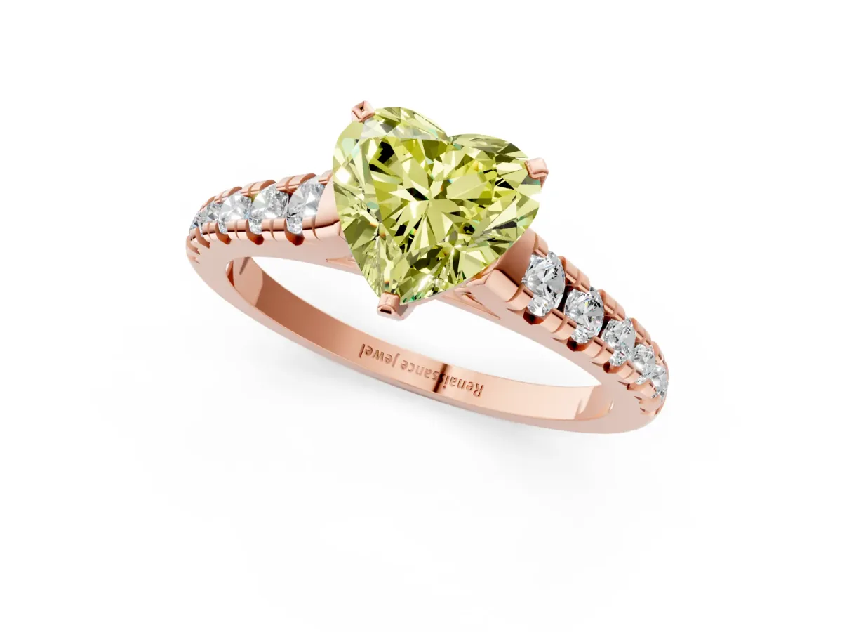 Fancy Yellow Heart Cut Diamond Cathedral Solitaire Ring with Round Pavé Band Rose gold