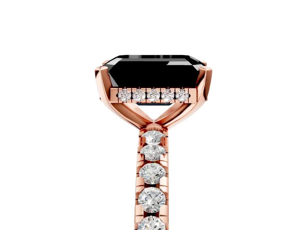Fancy Black Emerald Cut Diamond Solitaire Ring with Round Pavé Band and Four-Prong Setting Rose gold