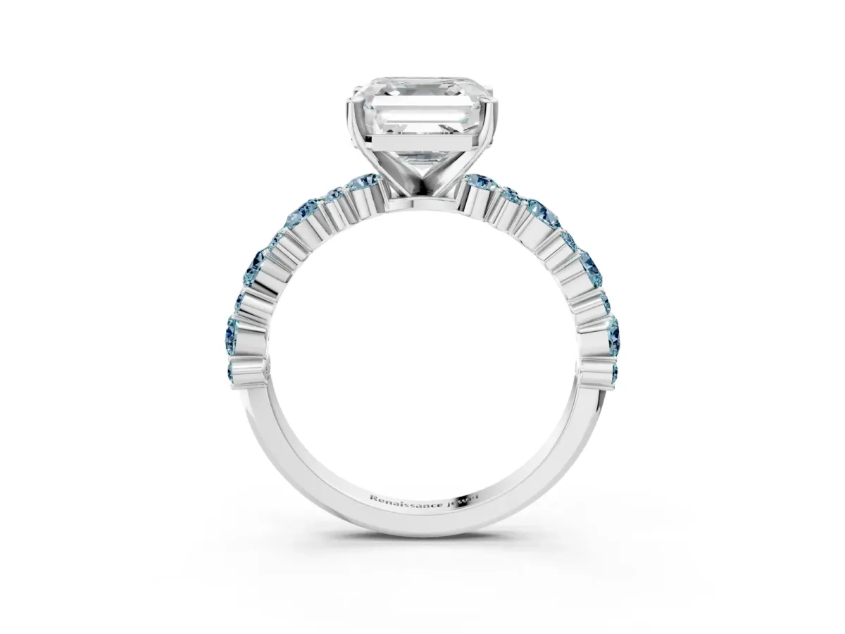 Asscher Cut Diamond Side Stone Solitaire Ring with Round Aquamarine and Four-Prong Setting Silver
