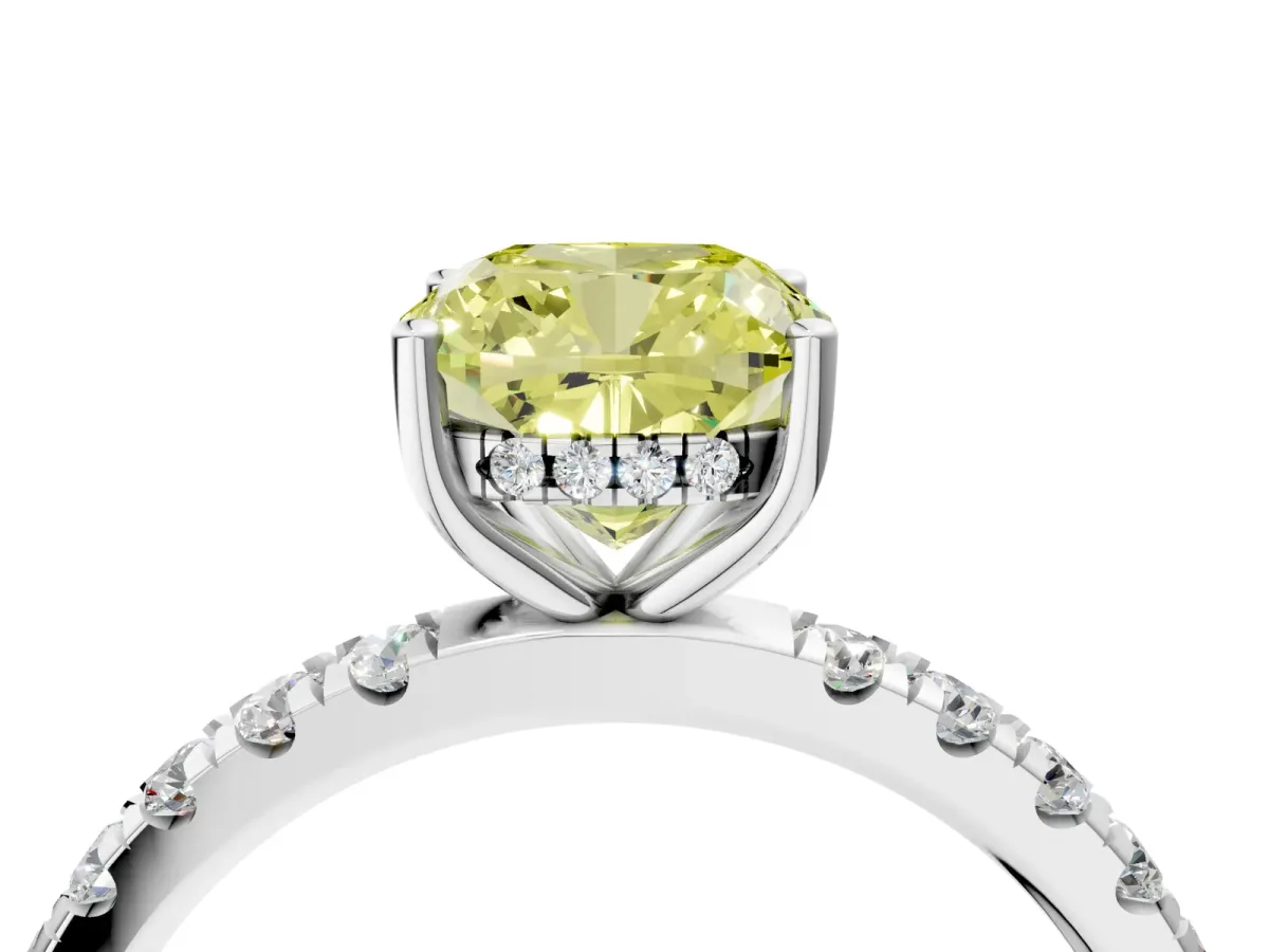 Fancy Yellow Cushion Cut Diamond Pave Band Solitaire Ring with Round and Prong Setting Platinum