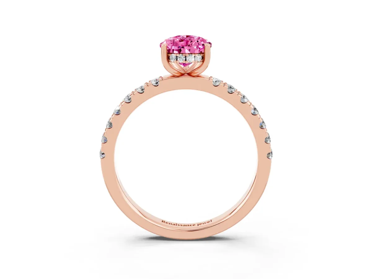 Pear Cut Pink Sapphire Pave Band Solitaire Ring with Round and Prong Setting Rose gold