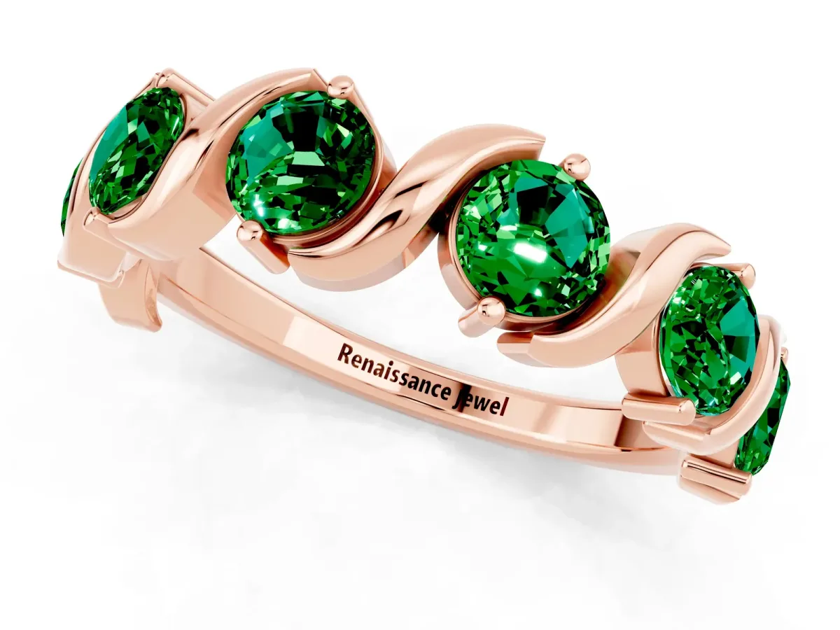 Six-Stone Round Emerald Wave Band with Shared Prong Setting Rose gold