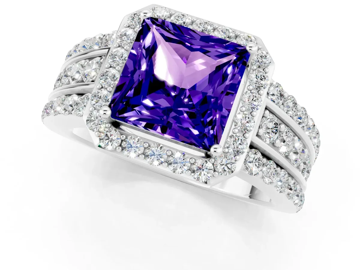 Princess Cut Halo Tanzanite Ring with Round Split Shank and Prong Setting Silver