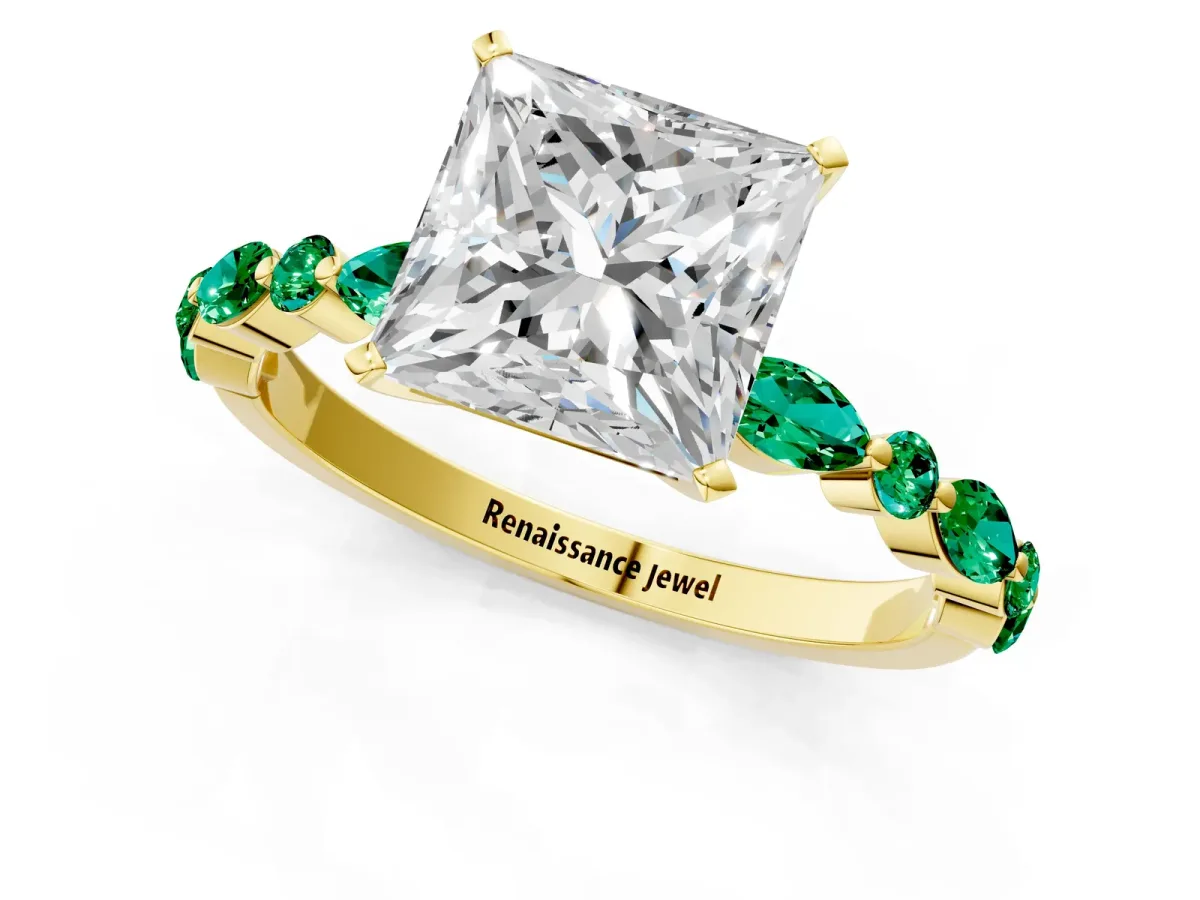 Princess Cut Diamond Ring with Marquise and Round Emerald Side Stones and Four-Prong Setting Yellow gold