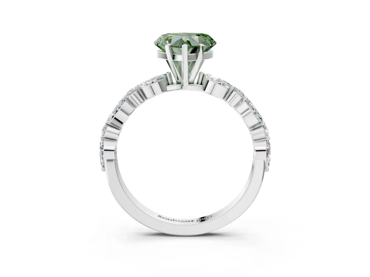 Fancy Green Heart Cut Diamond Ring with Marquise and Round Side Stones and Four-Prong Setting Silver