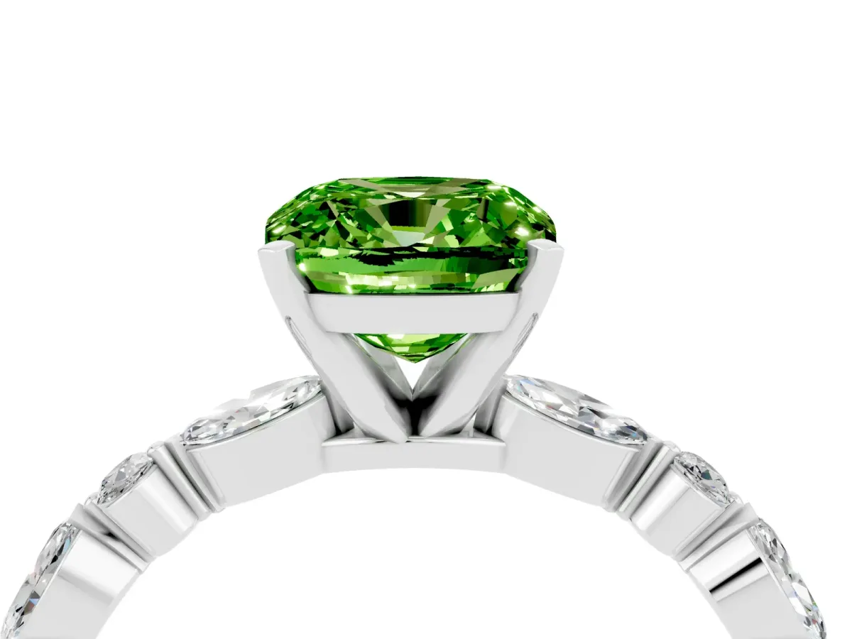 Cushion Cut Peridot Ring with Marquise and Round Side Stones and Four-Prong Setting Silver