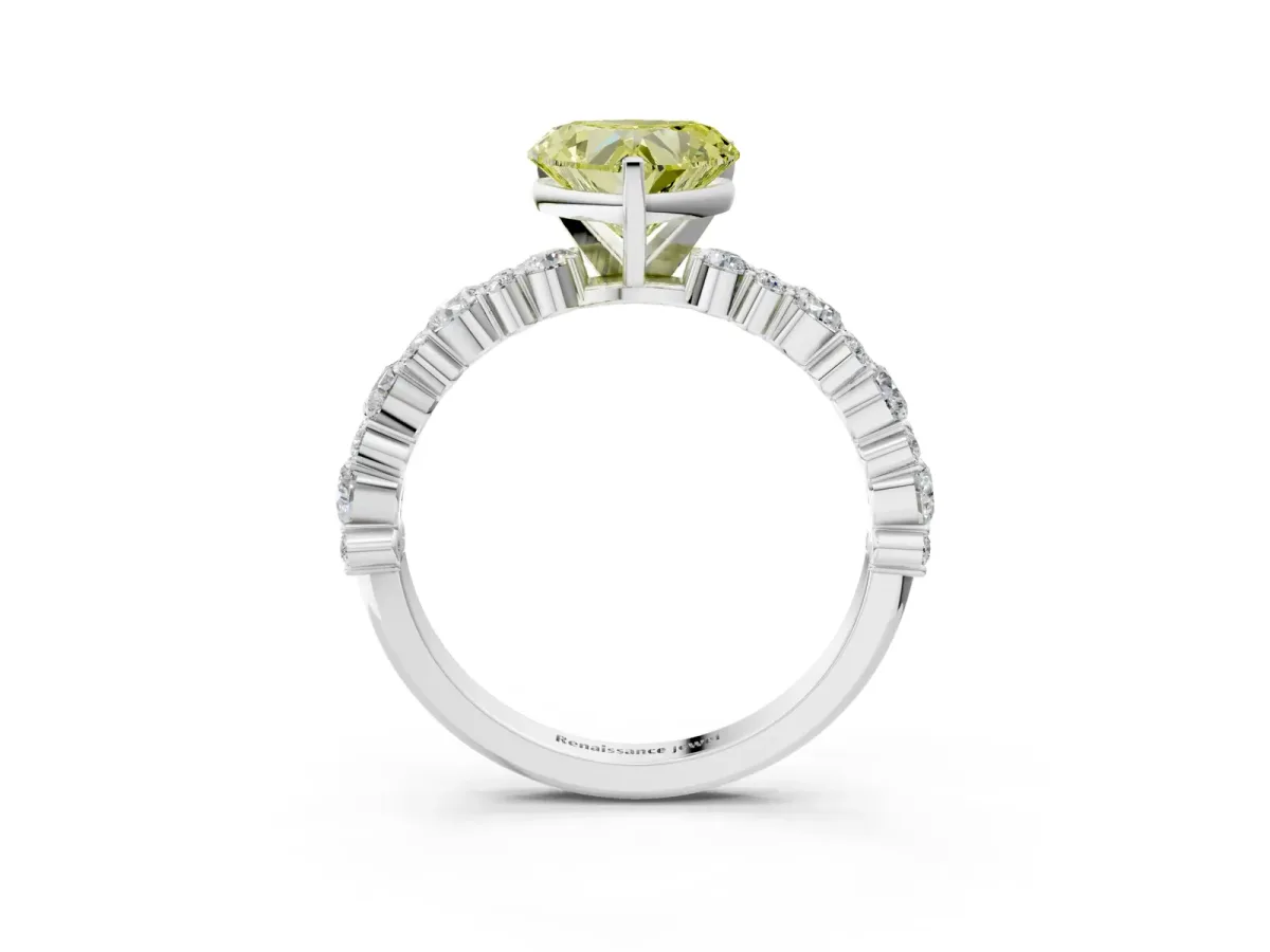 Fancy Yellow Heart Cut Diamond Side Stone Solitaire Ring with Round and Four-Prong Setting Platinum