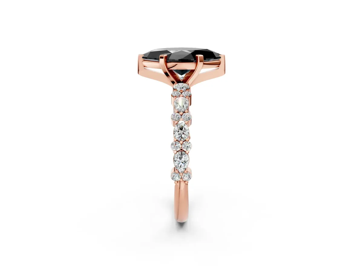 Fancy Black Marquise Cut Diamond Side Stone Solitaire Ring with Round and Four-Prong Setting Rose gold