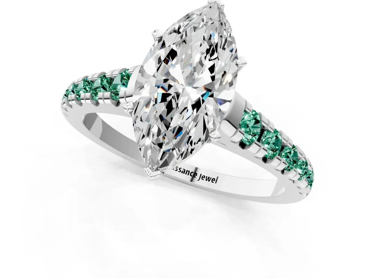Marquise Cut Diamond Cathedral Solitaire Ring with Round Green Sapphire Pavé Band Silver