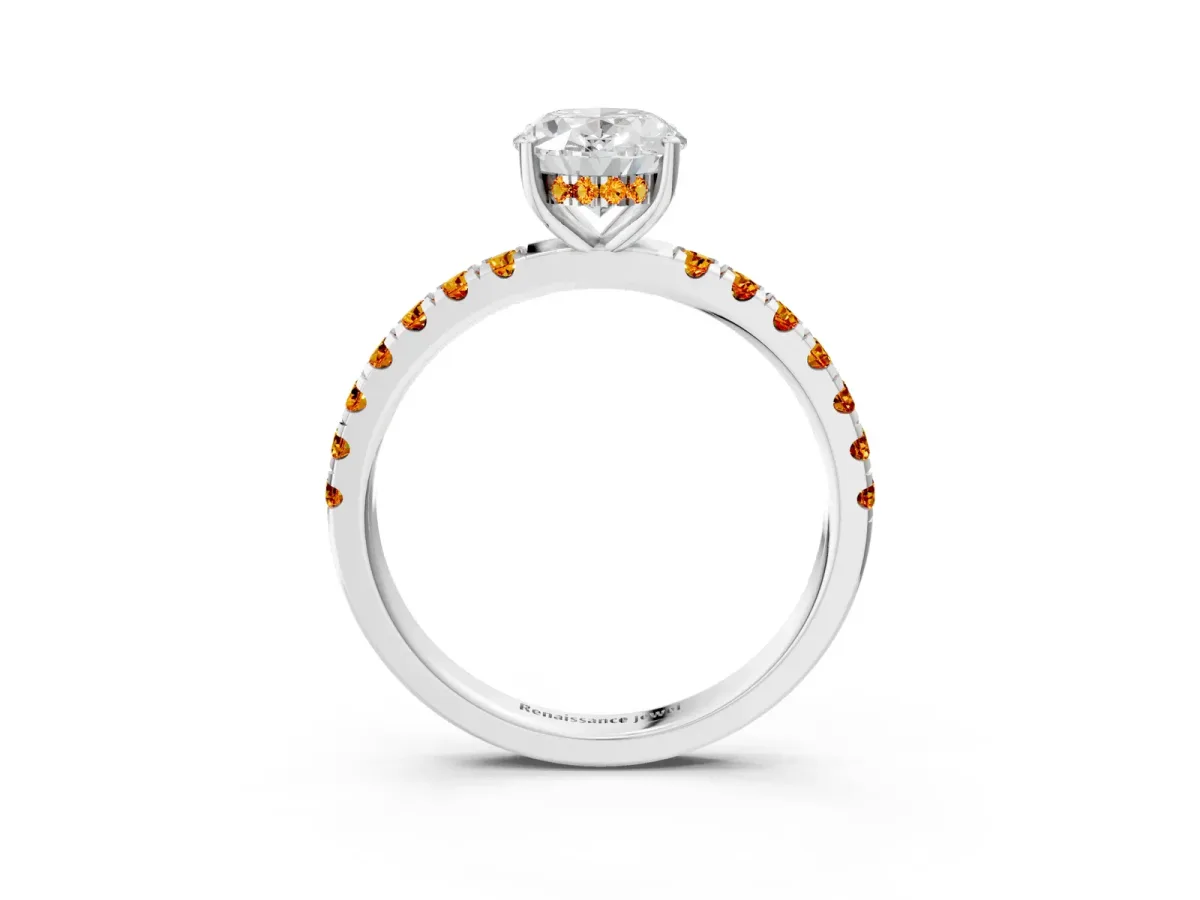 Oval Cut Diamond Pave Band Solitaire Ring with Round Citrine and Prong Setting Platinum