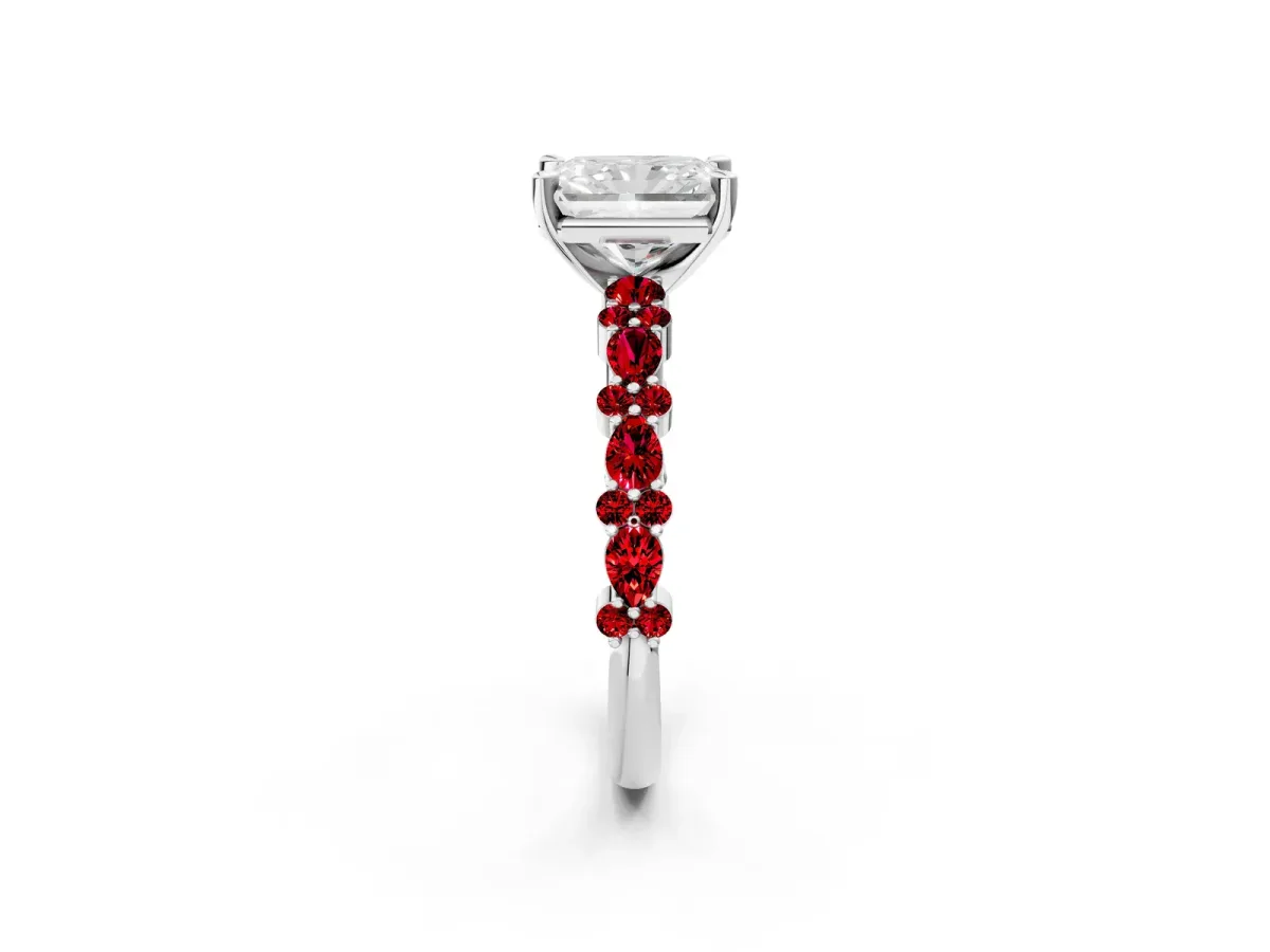 Radiant Cut Diamond Side Stone Solitaire Ring with Round Ruby and Four-Prong Setting Platinum