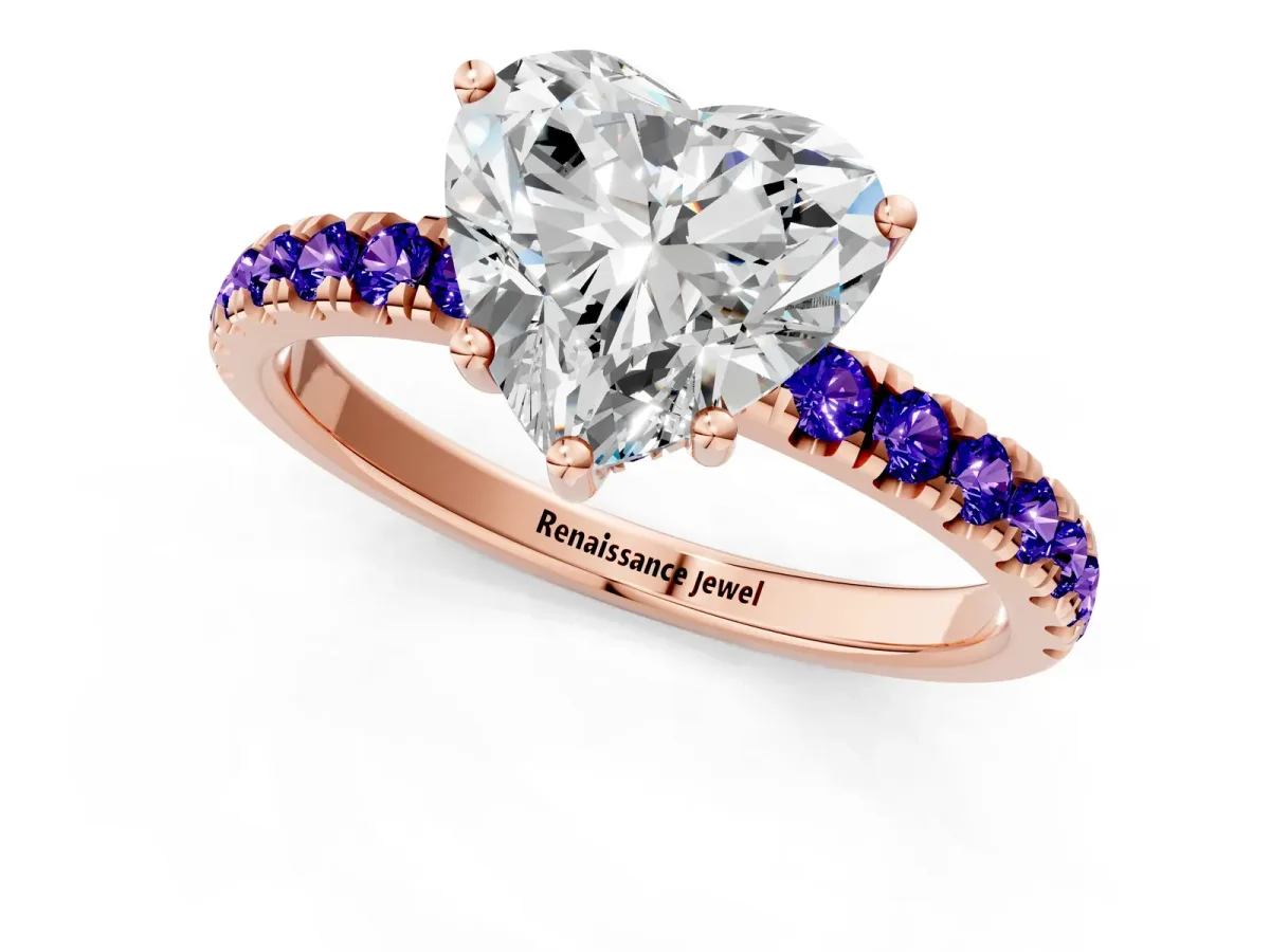 Heart Cut Diamond Pave Band Solitaire Ring with Round Tanzanite and Prong Setting Rose gold